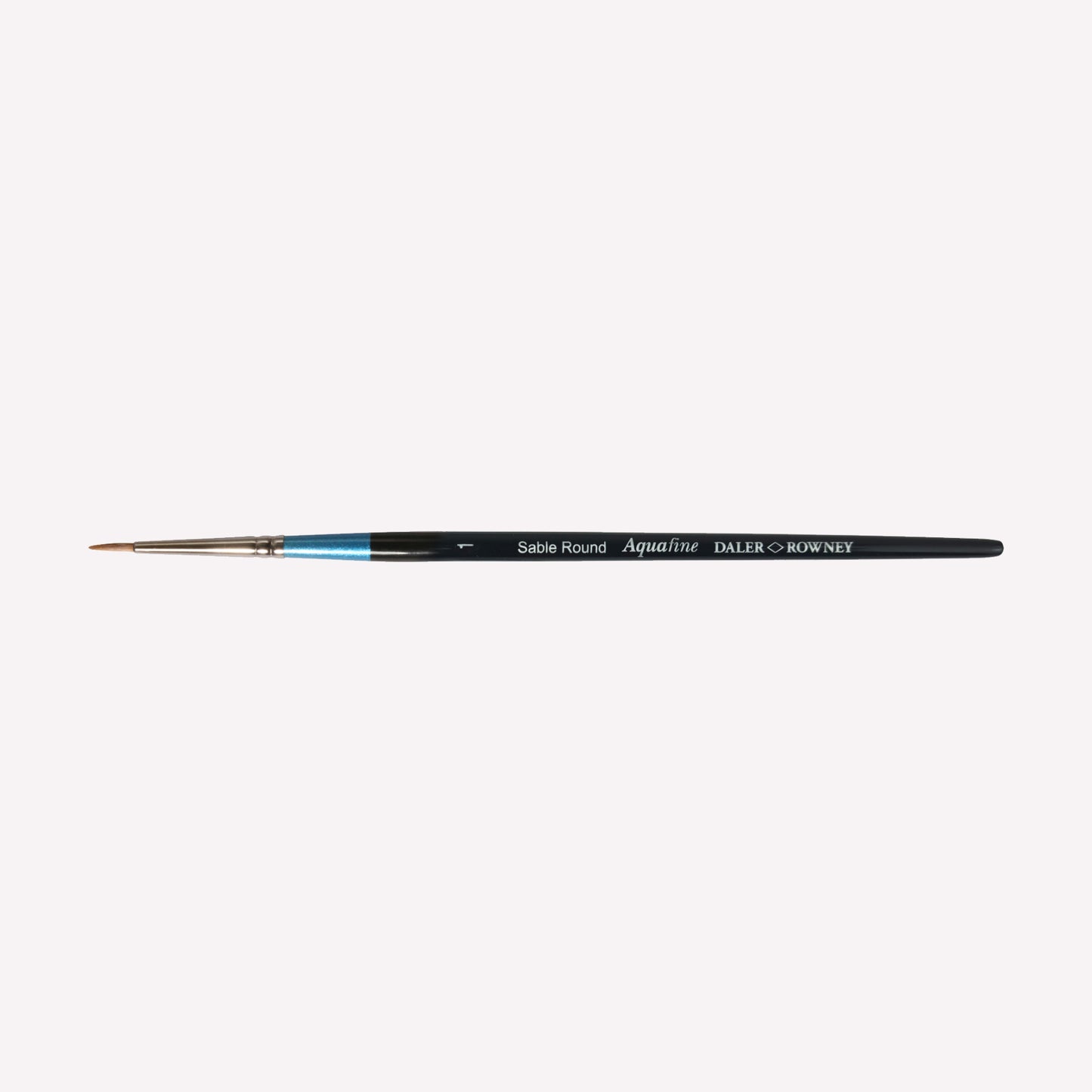 Daler Rowney Aquafine Sable round paintbrush in size 1. The natural filaments come to a fine point, perfect for detailed paintings. Brushes have a classy black handle with blue detailing and a silver ferrule. 