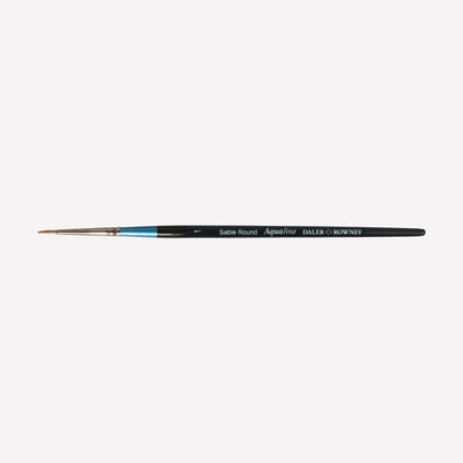 Daler Rowney Aquafine Sable round paintbrush in size 1. The natural filaments come to a fine point, perfect for detailed paintings. Brushes have a classy black handle with blue detailing and a silver ferrule. 