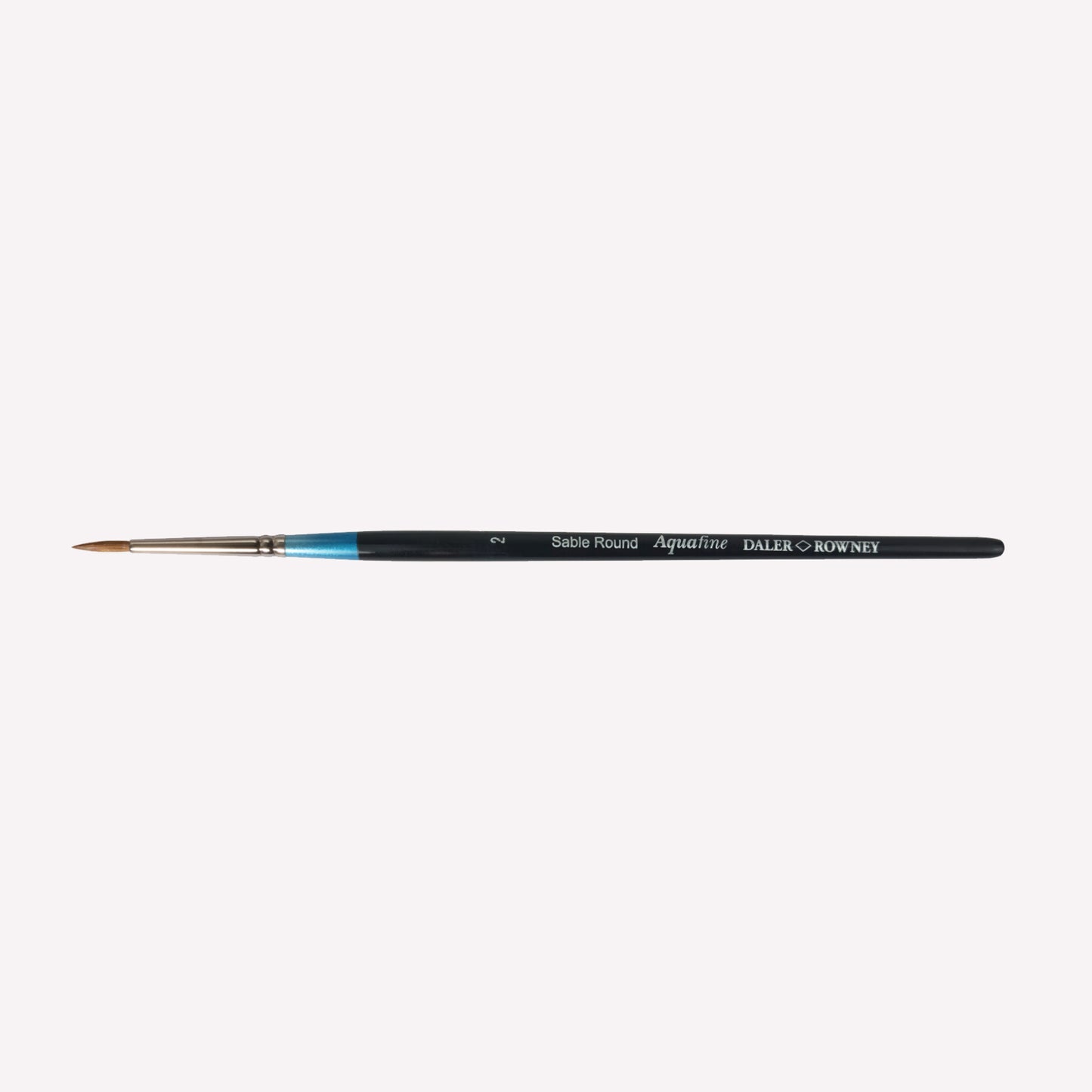 Daler Rowney Aquafine Sable round paintbrush in size 2. The natural filaments come to a fine point, perfect for detailed paintings. Brushes have a classy black handle with blue detailing and a silver ferrule. 