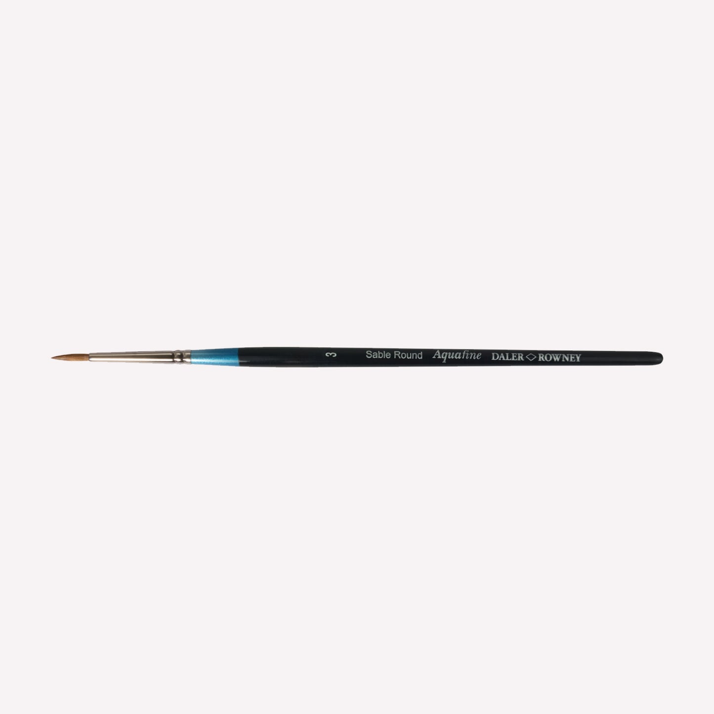 Daler Rowney Aquafine Sable round paintbrush in size 3. The natural filaments come to a fine point, perfect for detailed paintings. Brushes have a classy black handle with blue detailing and a silver ferrule. 