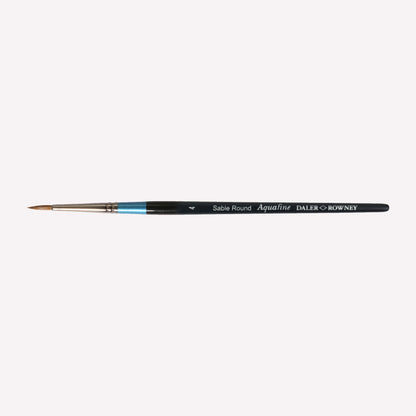 Daler Rowney Aquafine Sable round paintbrush in size 4. The natural filaments come to a fine point, perfect for detailed paintings. Brushes have a classy black handle with blue detailing and a silver ferrule. 