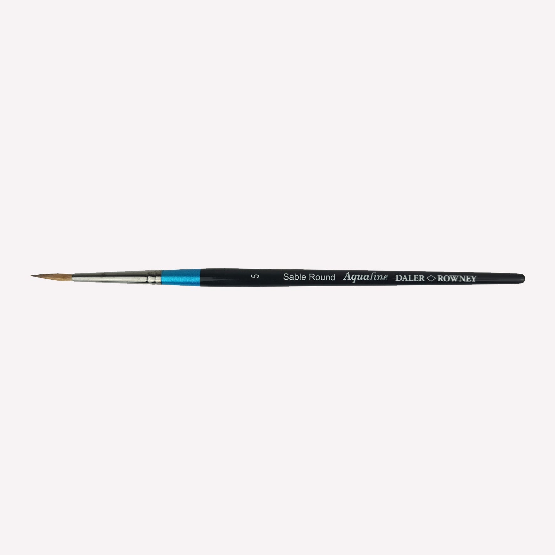 Daler Rowney Aquafine Sable round paintbrush in size 5. The natural filaments come to a fine point, perfect for detailed paintings. Brushes have a classy black handle with blue detailing and a silver ferrule. 
