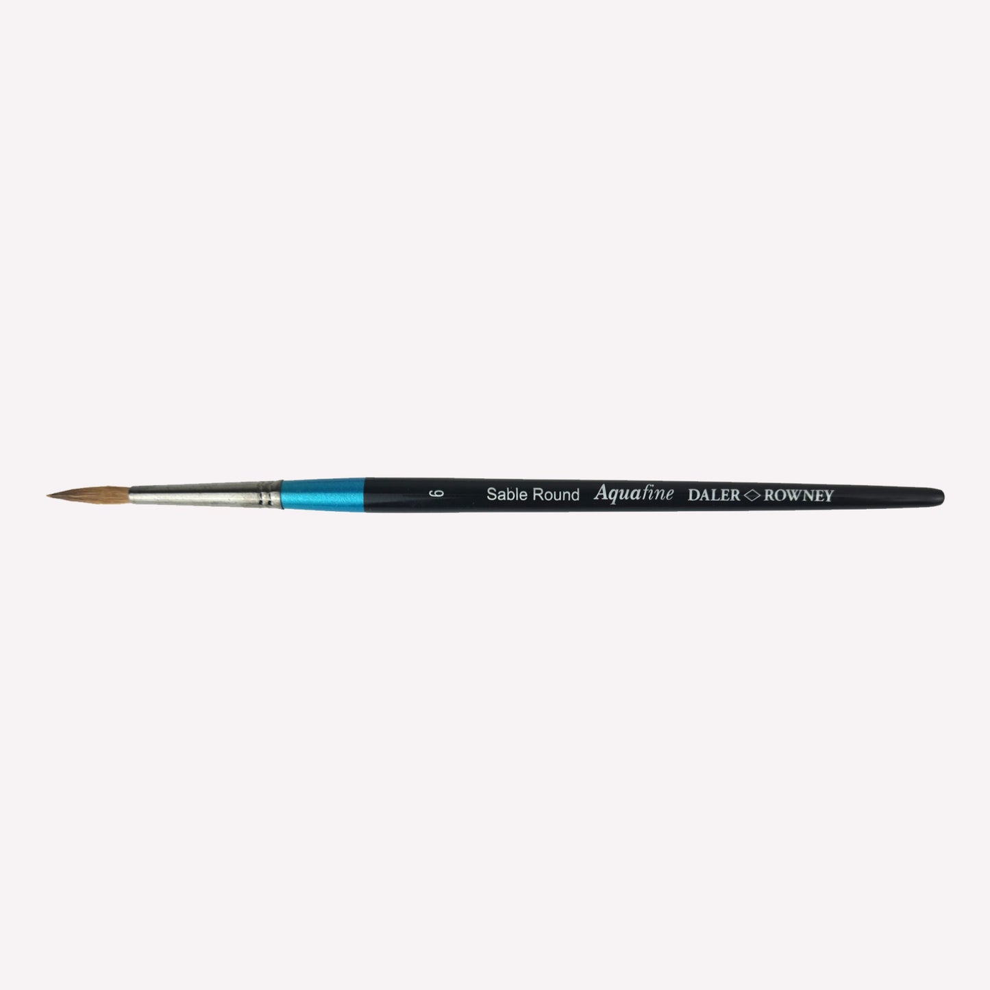 Daler Rowney Aquafine Sable round paintbrush in size 6. The natural filaments come to a fine point, perfect for detailed paintings. Brushes have a classy black handle with blue detailing and a silver ferrule. 