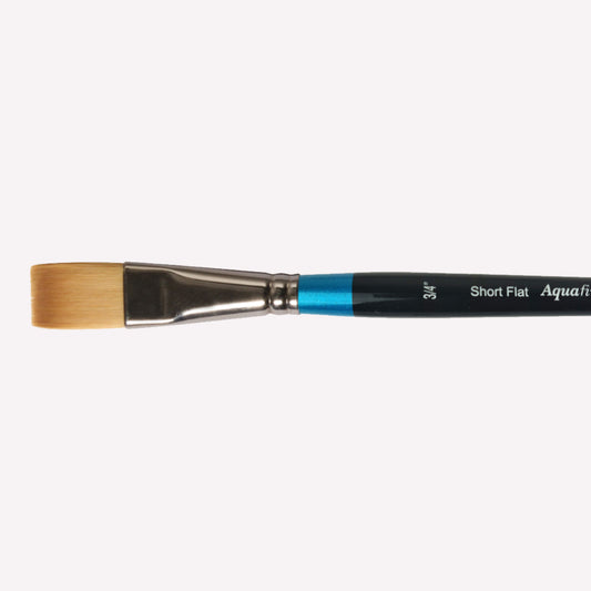 Daler Rowney Aquafine Short Flat paintbrush is a versatile tool for painting broad strokes, available in size 3/4”. Brushes have a classy black handle with blue detailing and a silver ferrule.