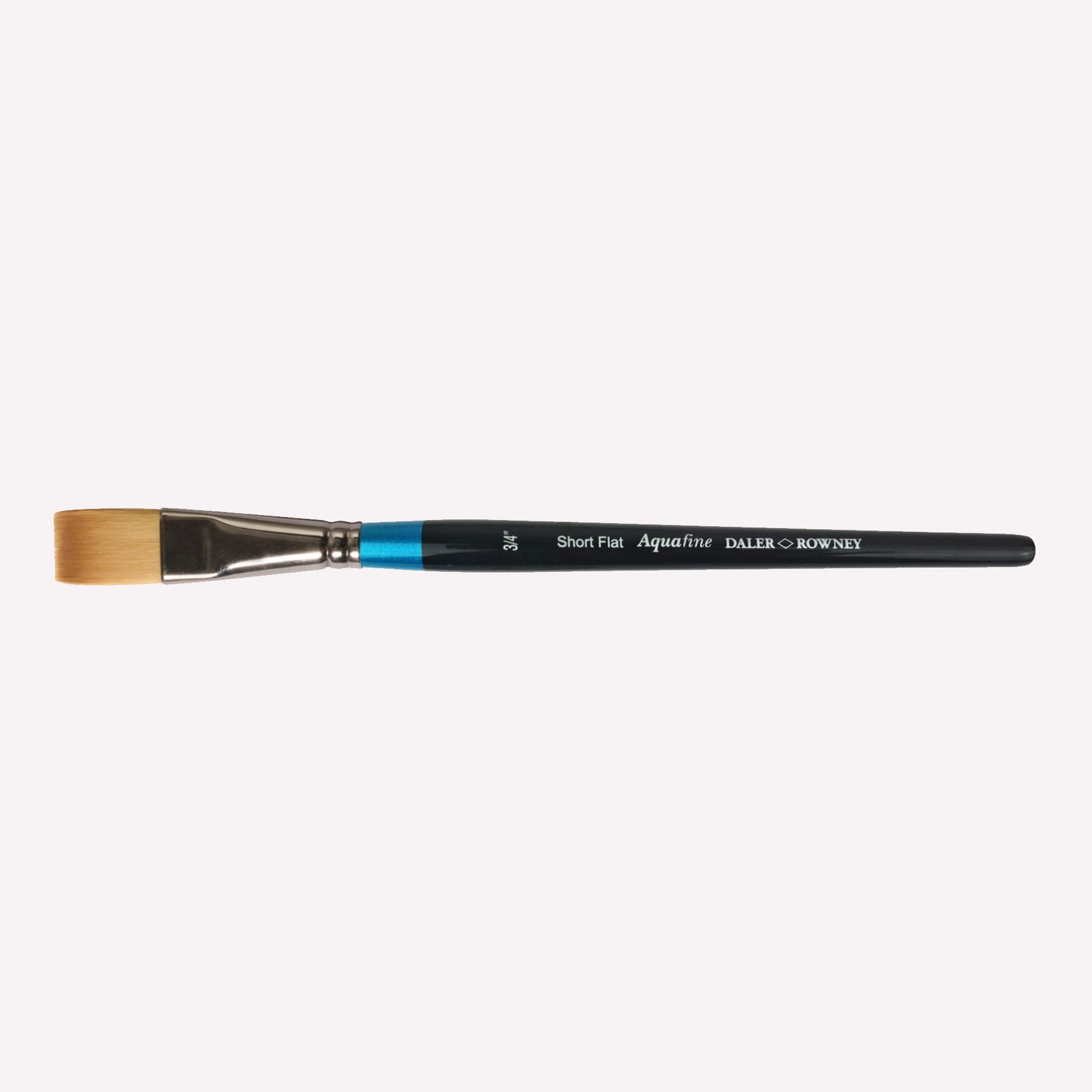 Daler Rowney Aquafine Short Flat Paintbrush in size 3/4”. This flat, square-shaped brush is ideal for painting broad, clean strokes with watercolour. Brushes have a classy black handle with blue detailing and a silver ferrule.