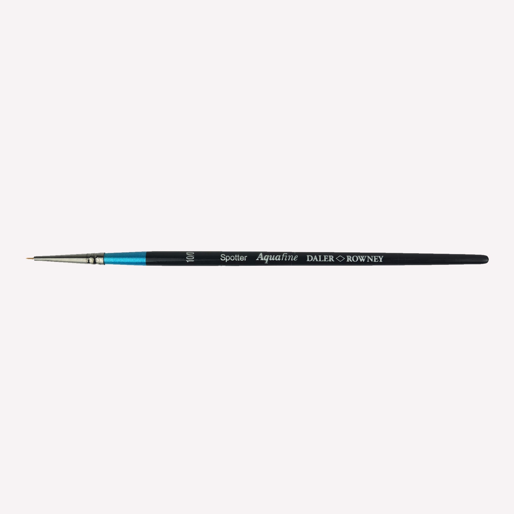 Daler Rowney Aquafine Spotter paintbrush in size 10/0. The short precision brush allows for precise control while painting with watercolour. Brushes have a classy black handle with blue detailing and a silver ferrule.