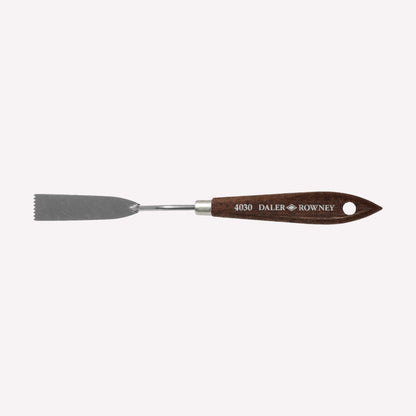 Daler Rowney’s high palette knife in size 4030 with a square, tooth-edged blade, brass ferrule and classy wooden handle. 