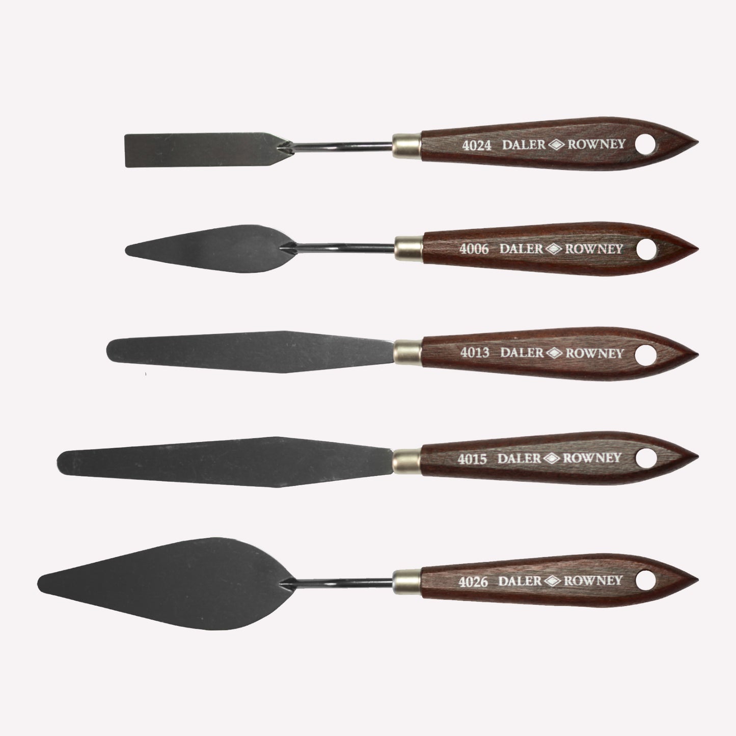 Daler Rowney’s high quality painting and palette knife range, with polished blades, brass ferrules and classy wooden handle. 