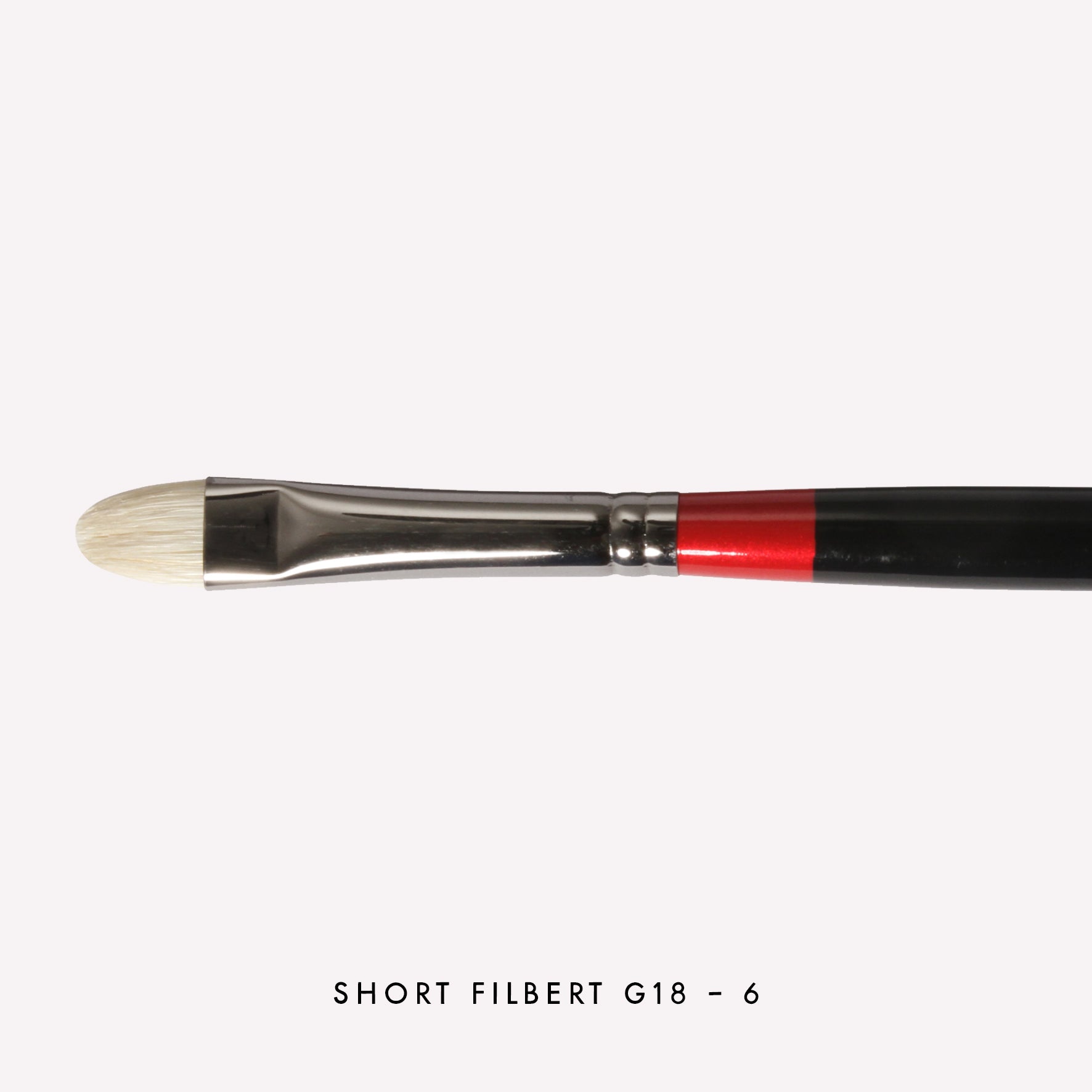 Daler-Rowney Georgian Filbert paintbrush in size G18-6 . Brushes have a classy black handle with red detailing and a silver ferrule. 