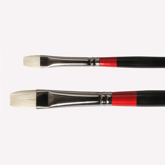 Daler-Rowney Georgian short flat paintbrush in size 4 and 8. Brushes have a classy black handle with red detailing and a silver ferrule. 