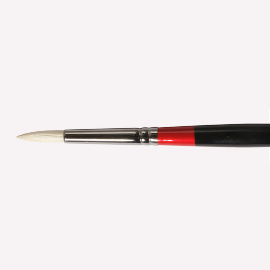 Daler-Rowney Georgian round paintbrush in size G24-4 . Brushes have a classy black handle with red detailing and a silver ferrule. 