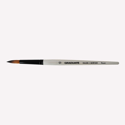 Daler-Rowney graduate synthetic round brushes in size 10. Round bristles are suitable for painting lines of varying width. Brushes have a white handle and black ferrule. 