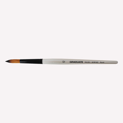 Daler-Rowney graduate synthetic round brushes in size 12. Round bristles are suitable for painting lines of varying width. Brushes have a white handle and black ferrule. 