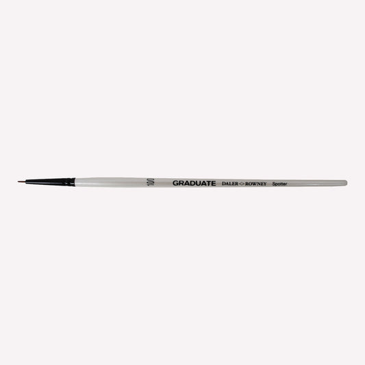 Daler-Rowney graduate synthetic spotter brush in size 10/0. Short, fine bristles are ideal for painting fine lines and details.  Brushes have a white handle and black ferrule. 