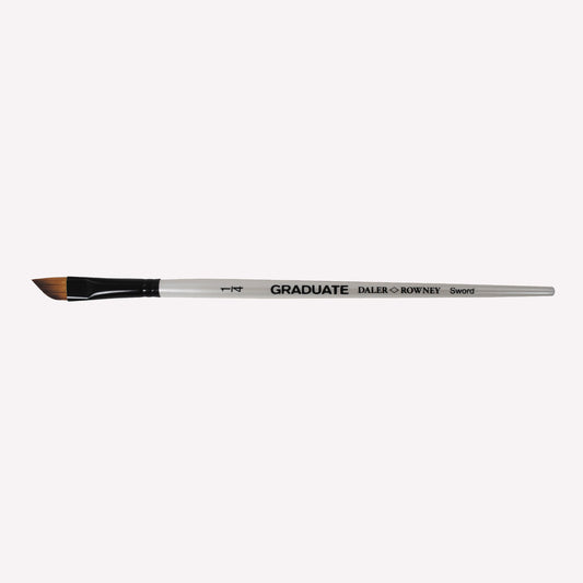 Daler-Rowney graduate synthetic sword brush in size 1/4 inch, with angled bristles, a black ferrule and a white handle. Suitable for painting with acrylic, watercolour and gouache. 