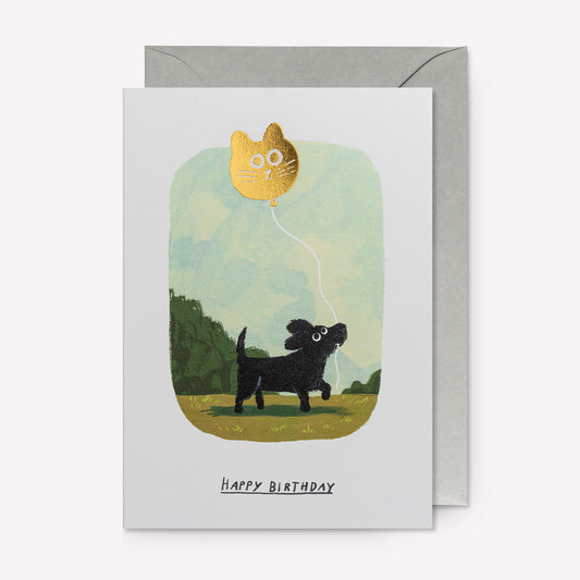 Dog with Cat Balloon Birthday Greetings Card