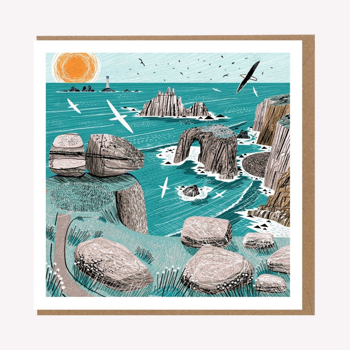 An illustrated greetings card by Matt Johnson, featuring his 'Enys Dodnan Gulls' Cornwall artwork. The square card is paired with a kraft brown envelope.