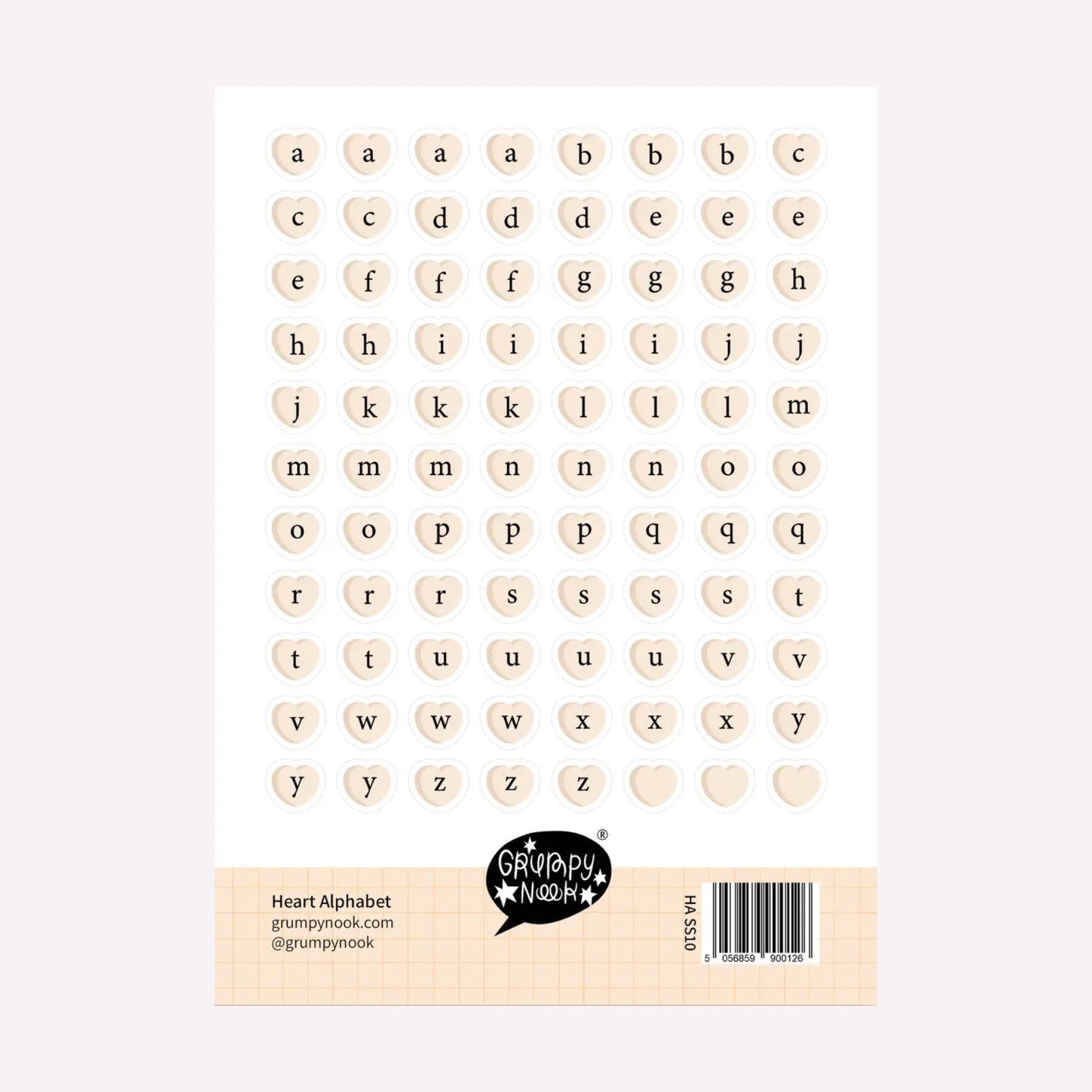Heart-shaped alphabet letter sticker sheet by Grumpy Nook. Includes letters from A-Z as well as blank spaces, perfect for journalling titles and words.