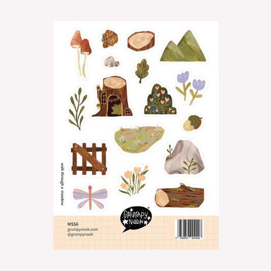 Meadow nature sticker sheet by Grumpy Nook. Includes mushroom, acorn, rock, mountain and flower illustrated stickers, perfect for scrapbooking after a hike or walk in nature.