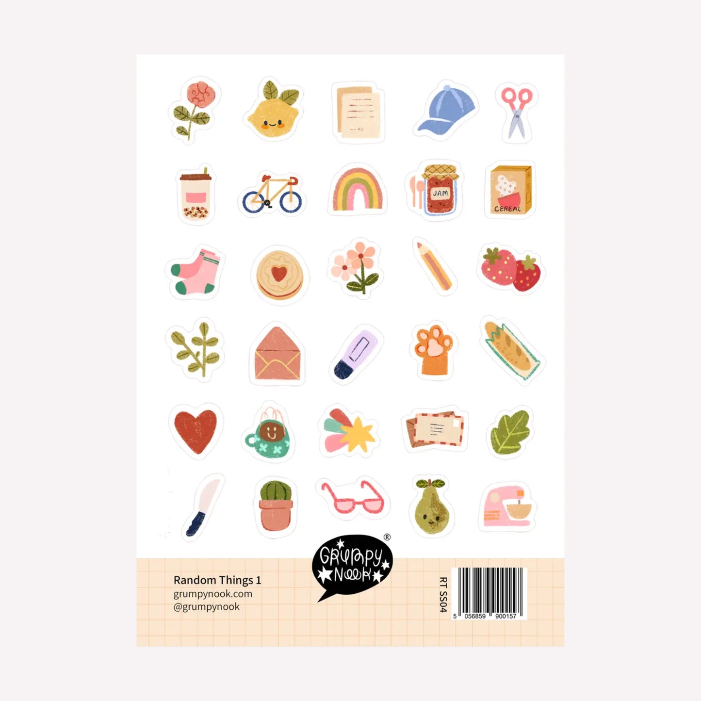 Random things #1 decorative sticker sheet by illustrator Grumpy Nook. Includes thirty different tiny stickers, such as a lemon, rose, letter, scissors, jam, strawberry, envelope, highlighter, bread and cactus.