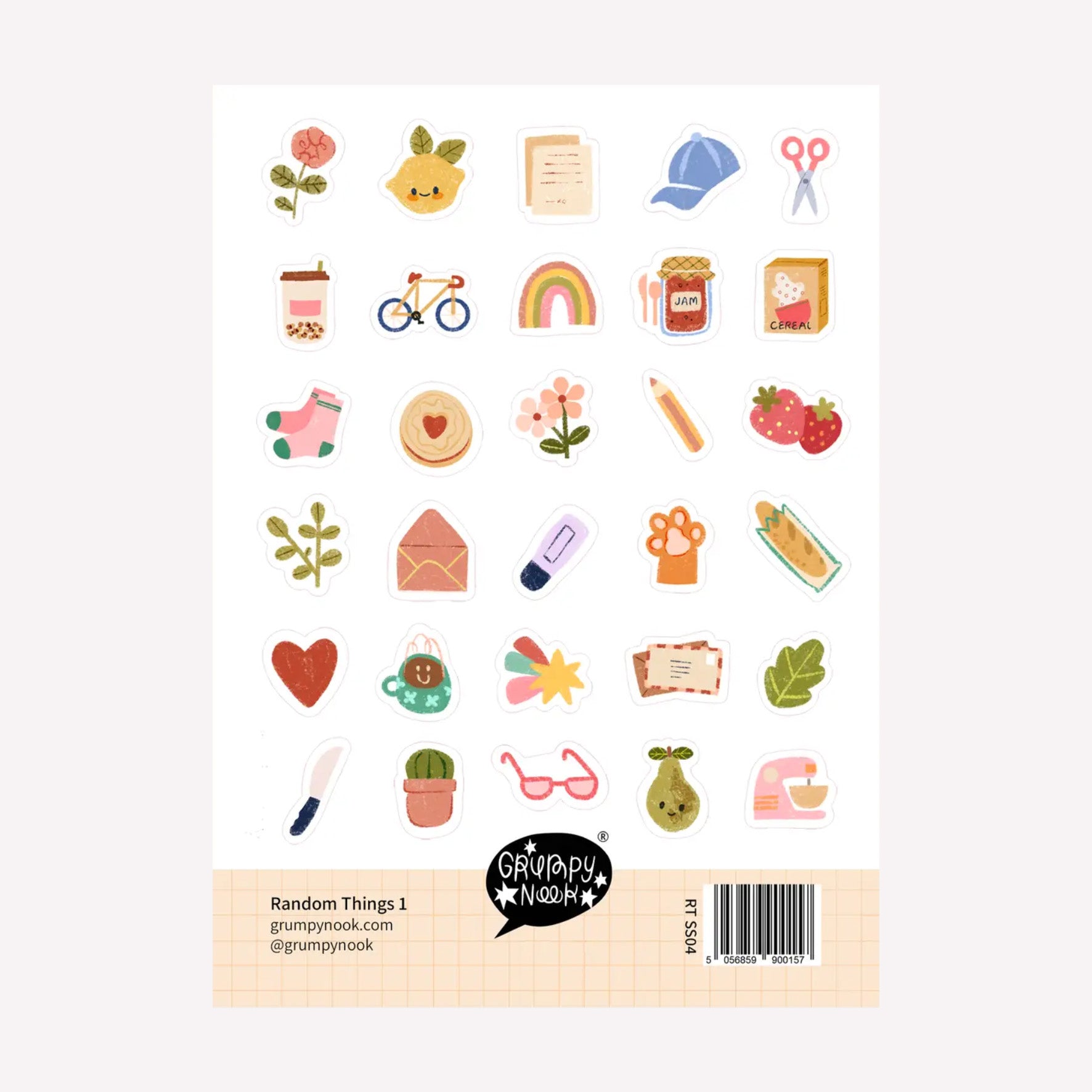 Random things #1 decorative sticker sheet by illustrator Grumpy Nook. Includes thirty different tiny stickers, such as a lemon, rose, letter, scissors, jam, strawberry, envelope, highlighter, bread and cactus.
