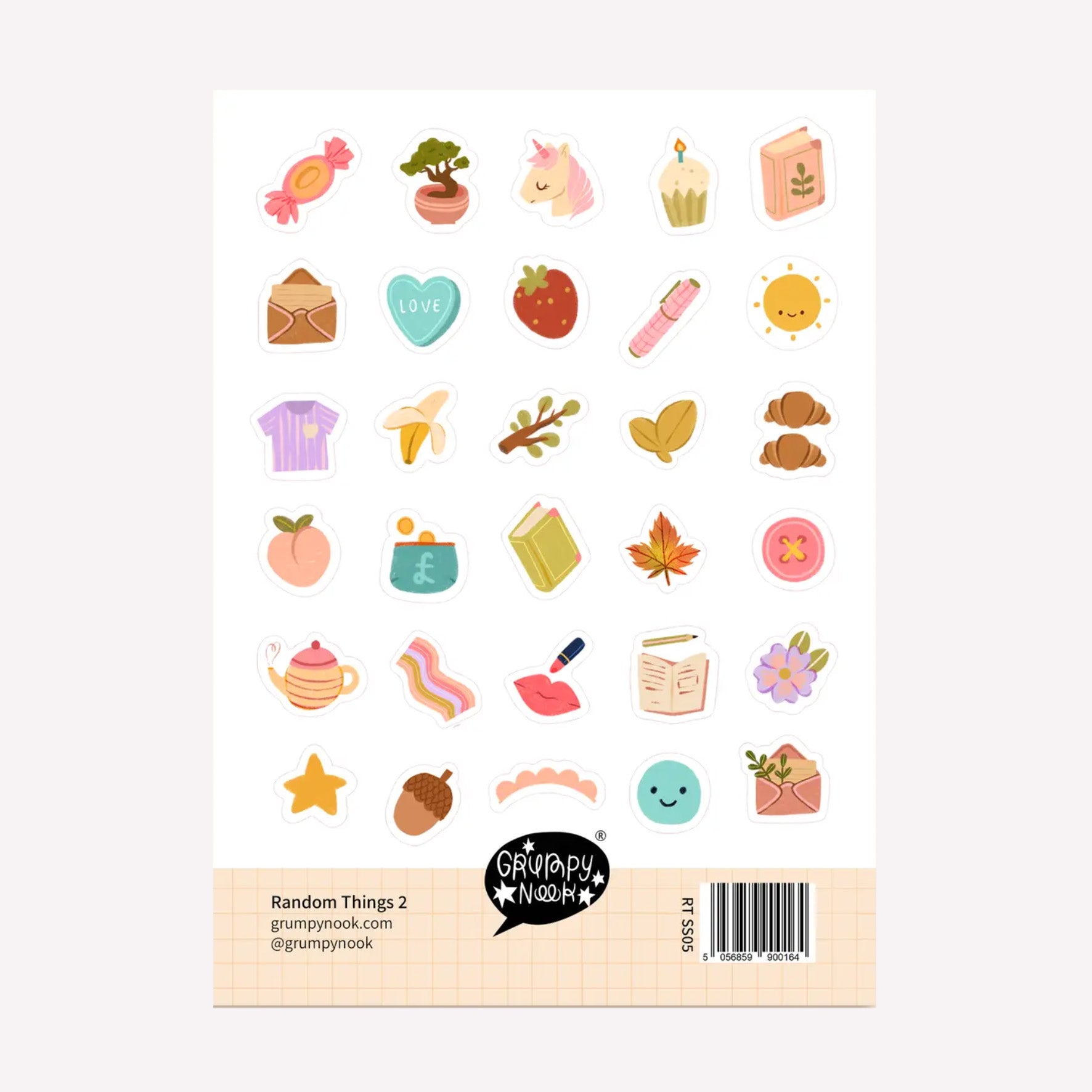 Random things #2 decorative sticker sheet by illustrator Grumpy Nook. Includes thirty different tiny stickers, such as a book, strawberry, pen, sun, flower, croissant, money purse, leaf, lipstick, star and acorn.