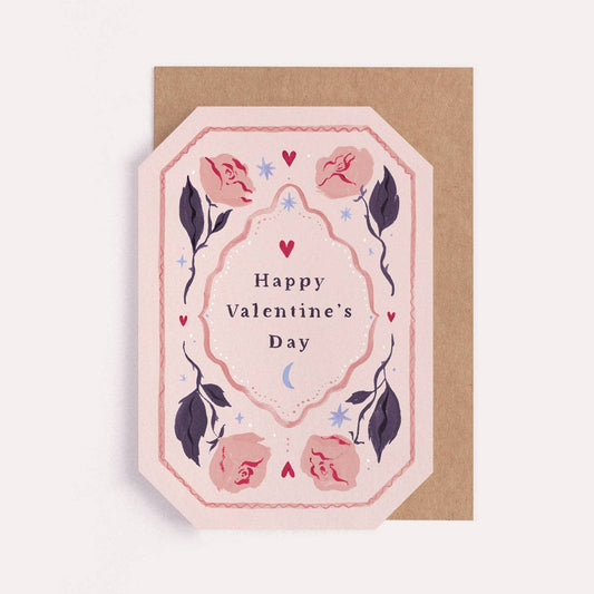 A Valentines greetings card by Sister Paper Co with a pink floral rose illustration and text that reads "Happy Valentine's Day".