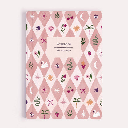 A plain paper notebook by Sister Paper Co, illustrated with a pink harlequin check pattern and tiny illustrated icons of trinkets and treasures. 