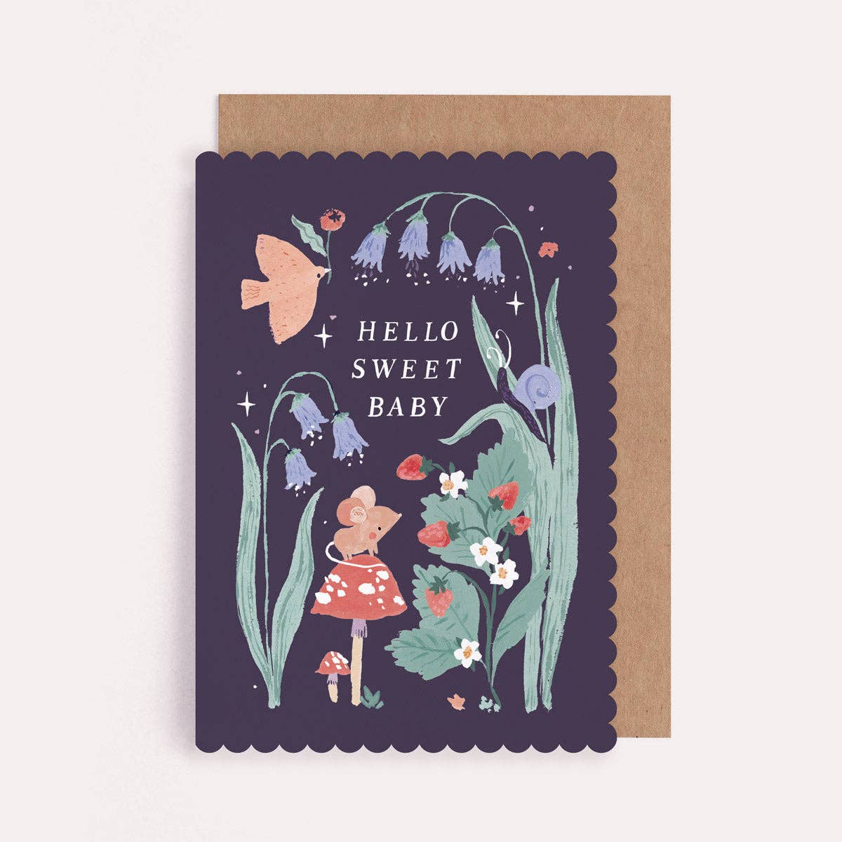 A new baby greetings card by Sister Paper Co in dark blue with a woodland theme and text that reads "Hello Sweet Baby".