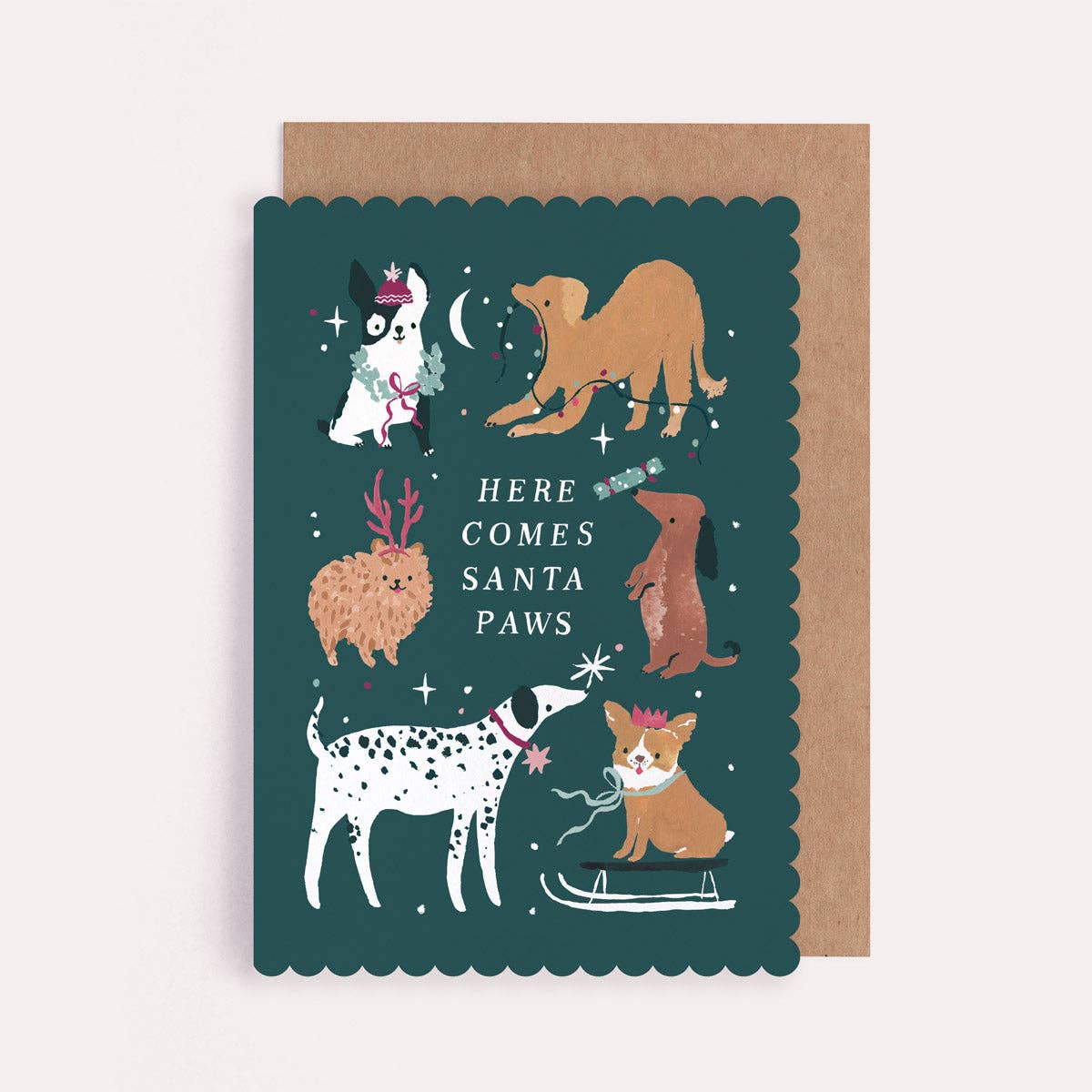 Here Comes Santa Paws Dogs Christmas Greetings Card