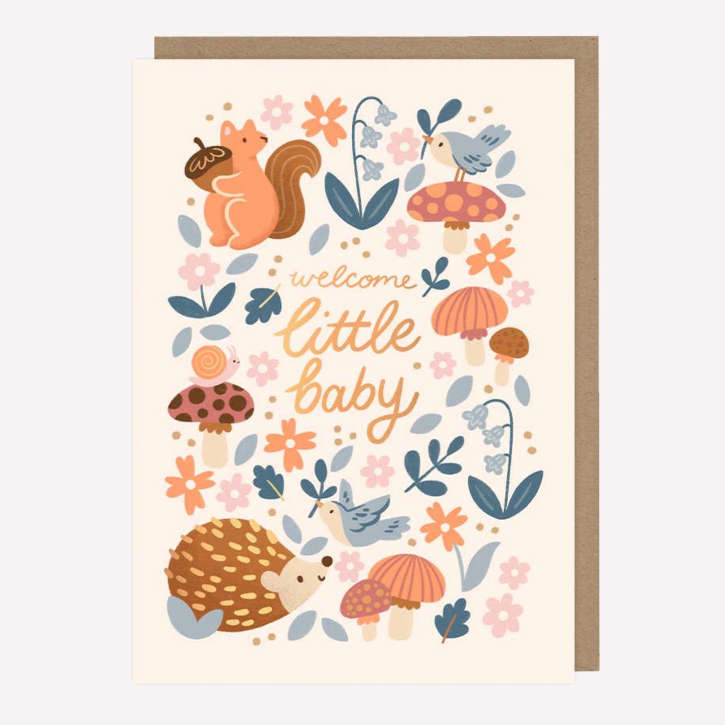 Illustrated greetings card featuring woodlsand creatures on a cream background with handwritten text reading "Welcome Little Baby". 