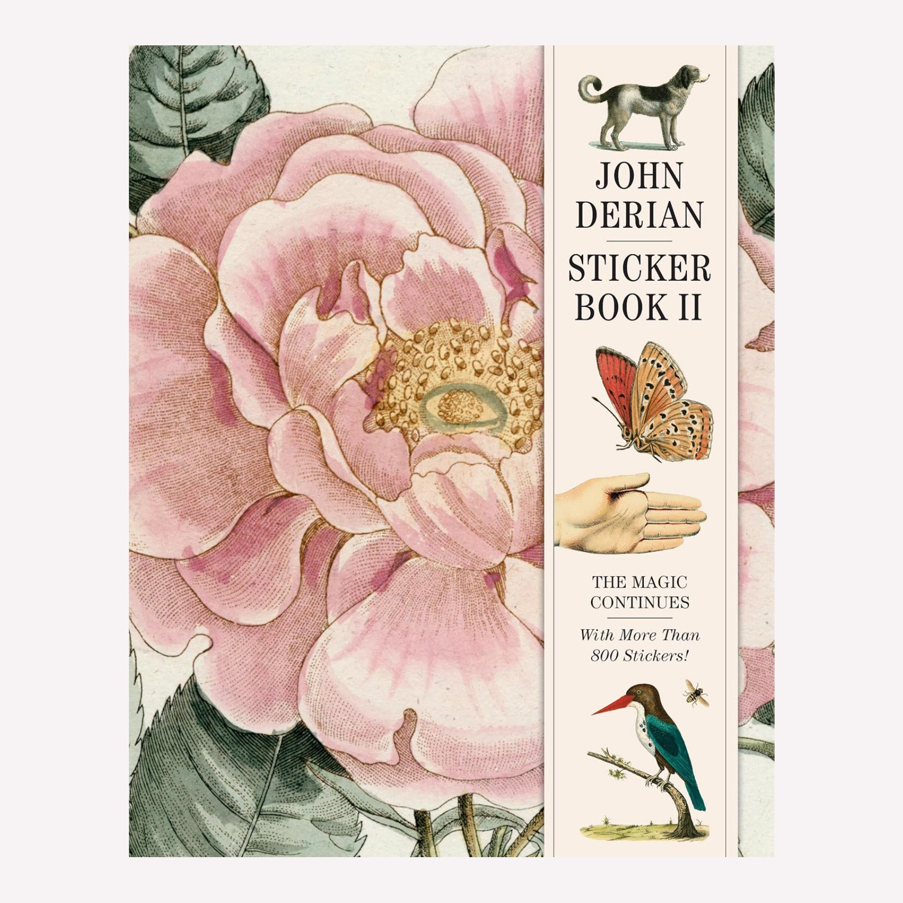 Front Cover of John Derian's illustrated sticker book II, with a full size vintage illustration of a pink flower, alongside smaller vintage animal designs.