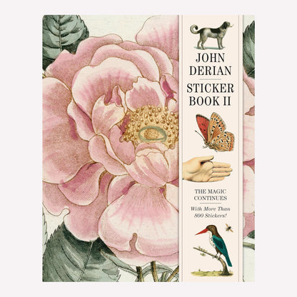 Front Cover of John Derian's illustrated sticker book II, with a full size vintage illustration of a pink flower, alongside smaller vintage animal designs.