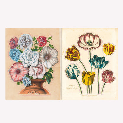 Inside John Derian's illustrated vintage sticker book, with a large illustrated sticker of a vase of flowers and several smaller tulip stickers.