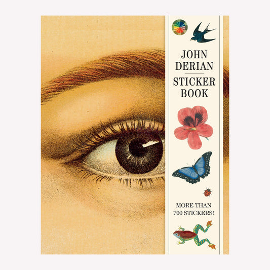 Cover of John Derian's illustrated sticker book, with a full size vintage illustration of a face and other, smaller vintage flora stickers.
