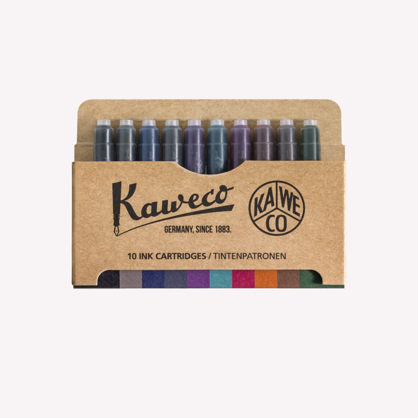 Kaweco pack of 10 ink cartridge refill set, presented in a cardboard packaging. 