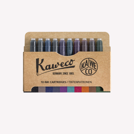 Kaweco pack of 10 ink cartridge refill set, presented in a cardboard packaging. 