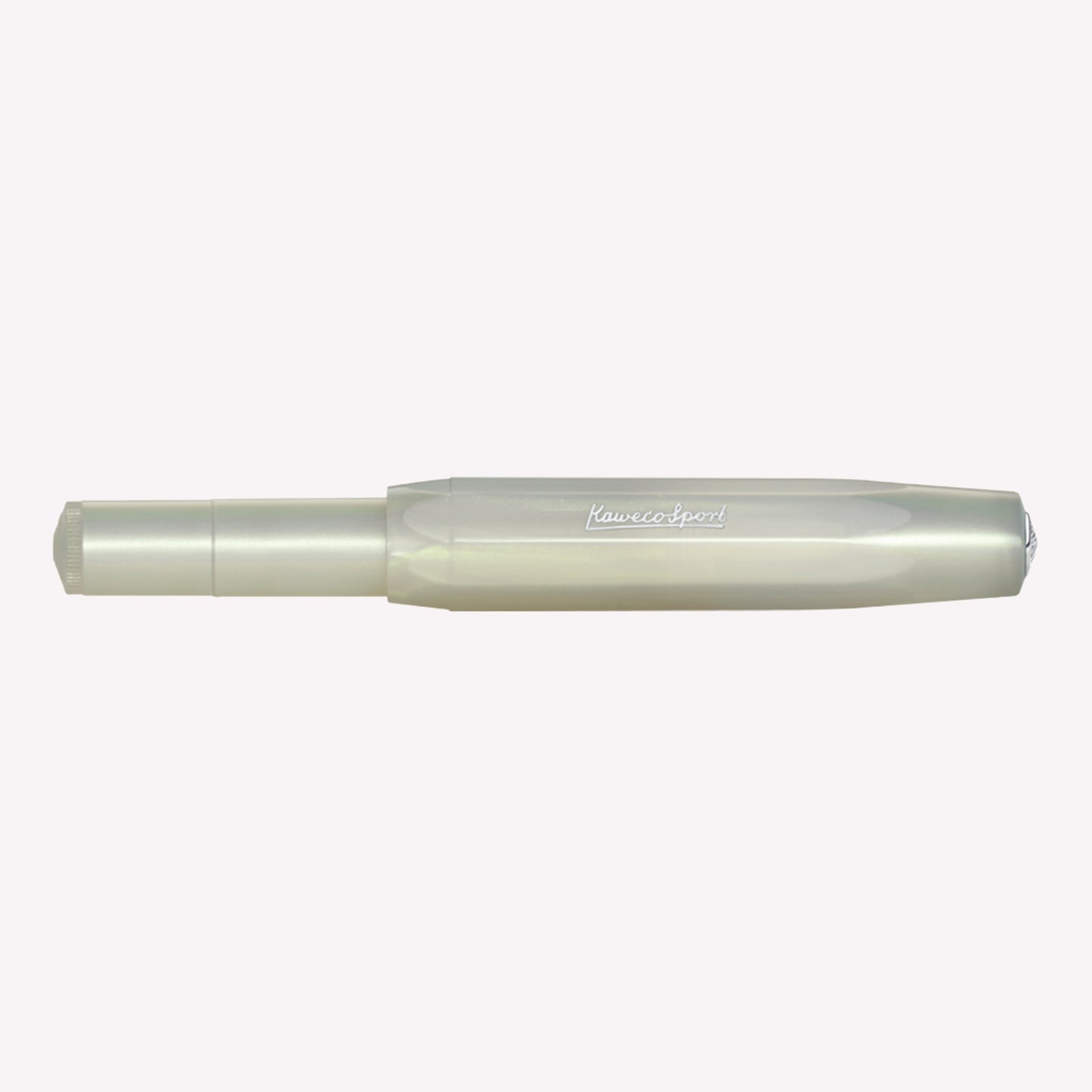 Kaweco Lunar Sport fountain pen with the lid on, features a light green, pearly iridescent barrel and silver logo details. 