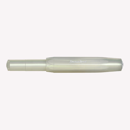Kaweco Lunar Sport fountain pen with the lid on, features a light green, pearly iridescent barrel and silver logo details. 