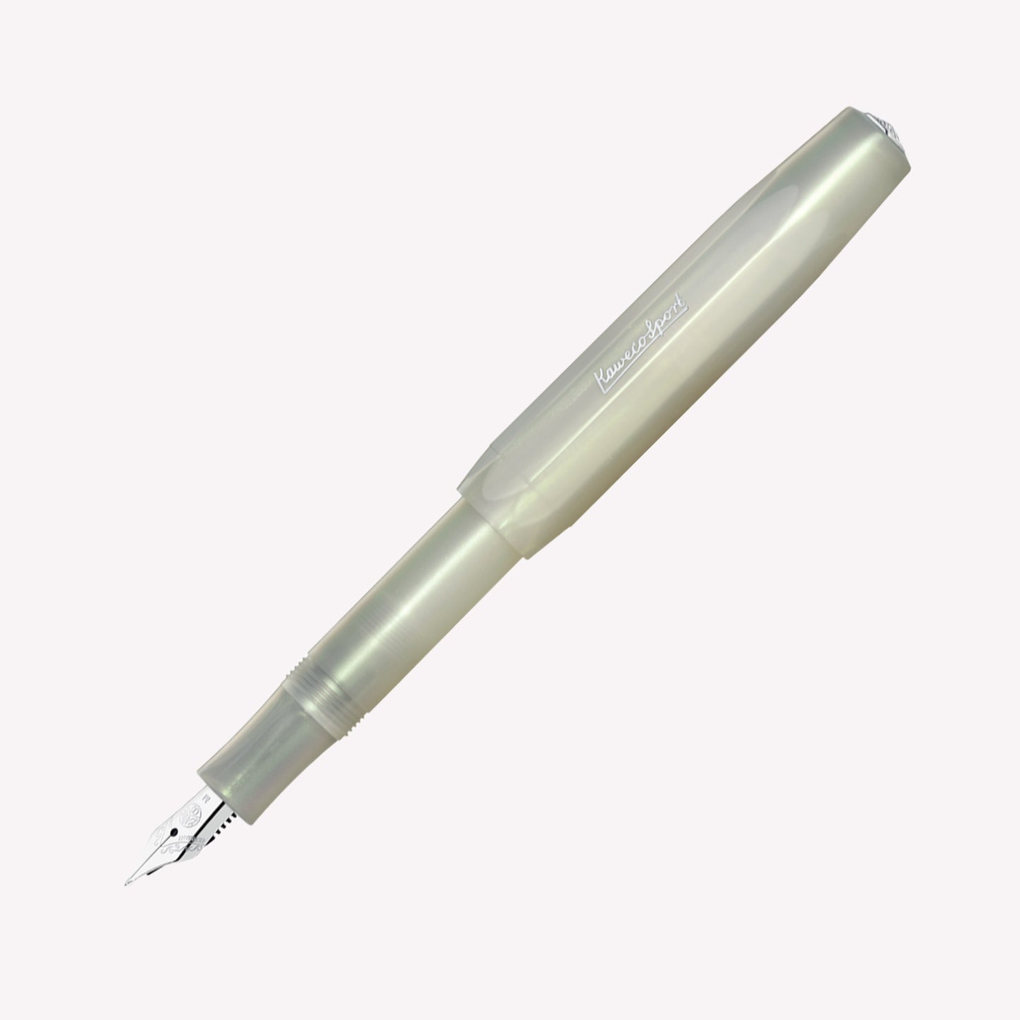 Kaweco Lunar Sport fountain pen with a light green, pearly iridescent barrel and a fine silver nib. 