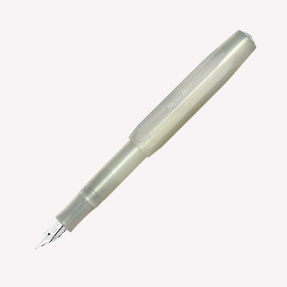 Kaweco Lunar Sport fountain pen with a light green, pearly iridescent barrel and a fine silver nib. 