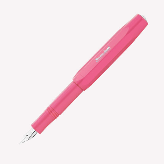 Kaweco Skyline Sport fountain pen with a bright pink barrel and a fine silver nib. 