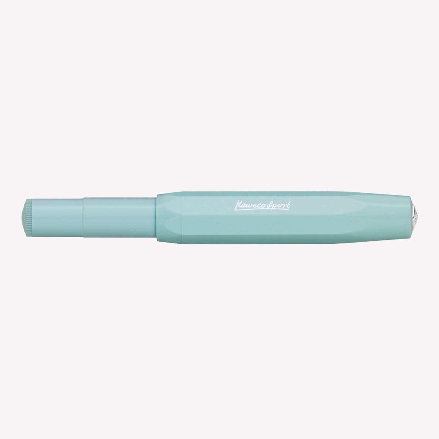 Kaweco Skyline Sport fountain pen the lid on, featuring a mint blue barrel and silver logo details. 
