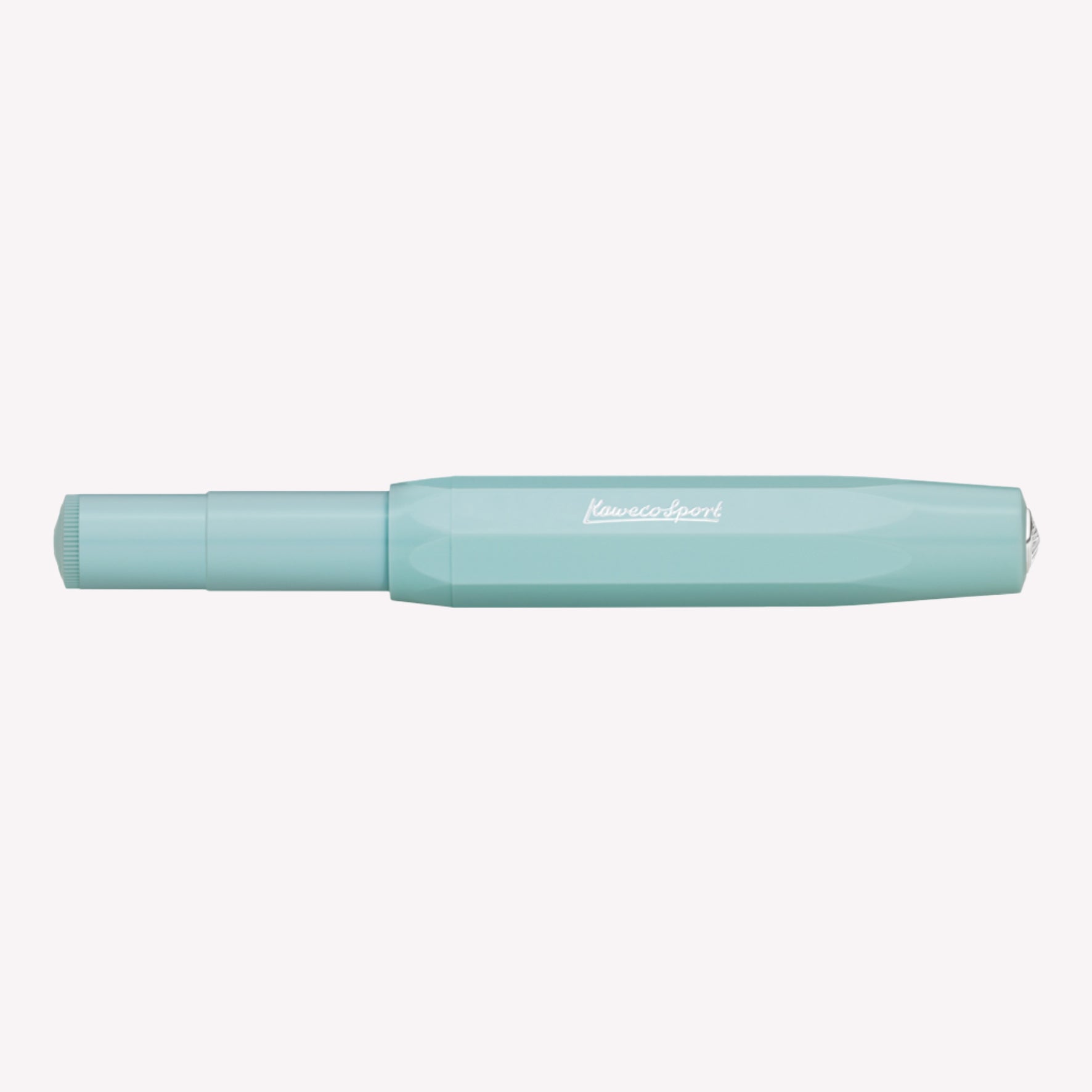 Kaweco Skyline Sport fountain pen the lid on, featuring a mint blue barrel and silver logo details. 