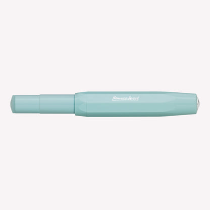 Kaweco Skyline Sport fountain pen the lid on, featuring a mint blue barrel and silver logo details. 