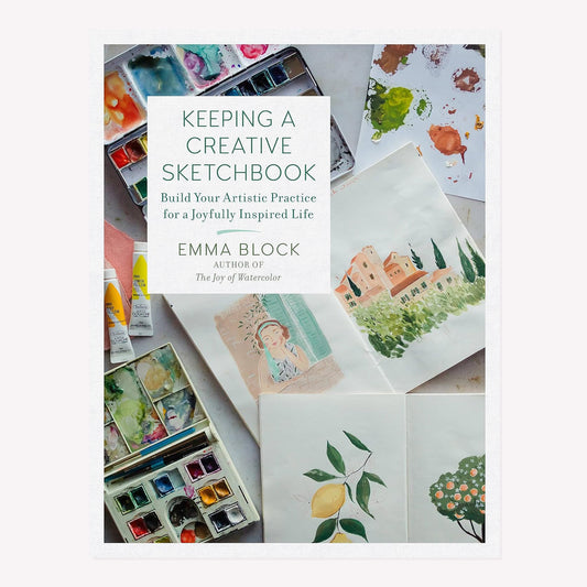 Book cover titled 'Keeping A Creative Sketchbook: Build Your Artistic Practice For A Joyfully Inspired Life'  by Emma Block. The cover image features a flat-lay of several open illustrated  sketchbooks and watercolour paint palettes.