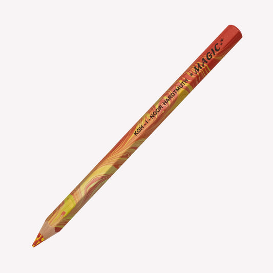 Koh-I-Noor 'Magic Pencil' in fire red, with a red, orange and yellow marbled barrel and lead.