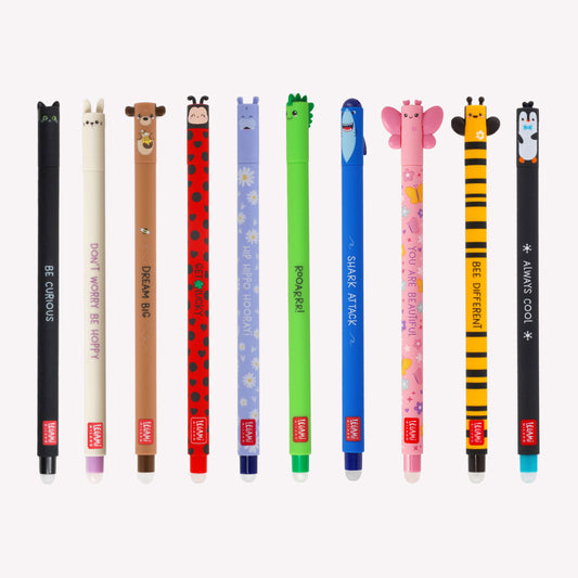 Legami erasable animal gel pen selection including cat, ladybug, bunny, bear, hippo, dino, shark, butterfly, bee and penguin. Each pen is printed to look like a different animal with motivational messages on the barrel. 