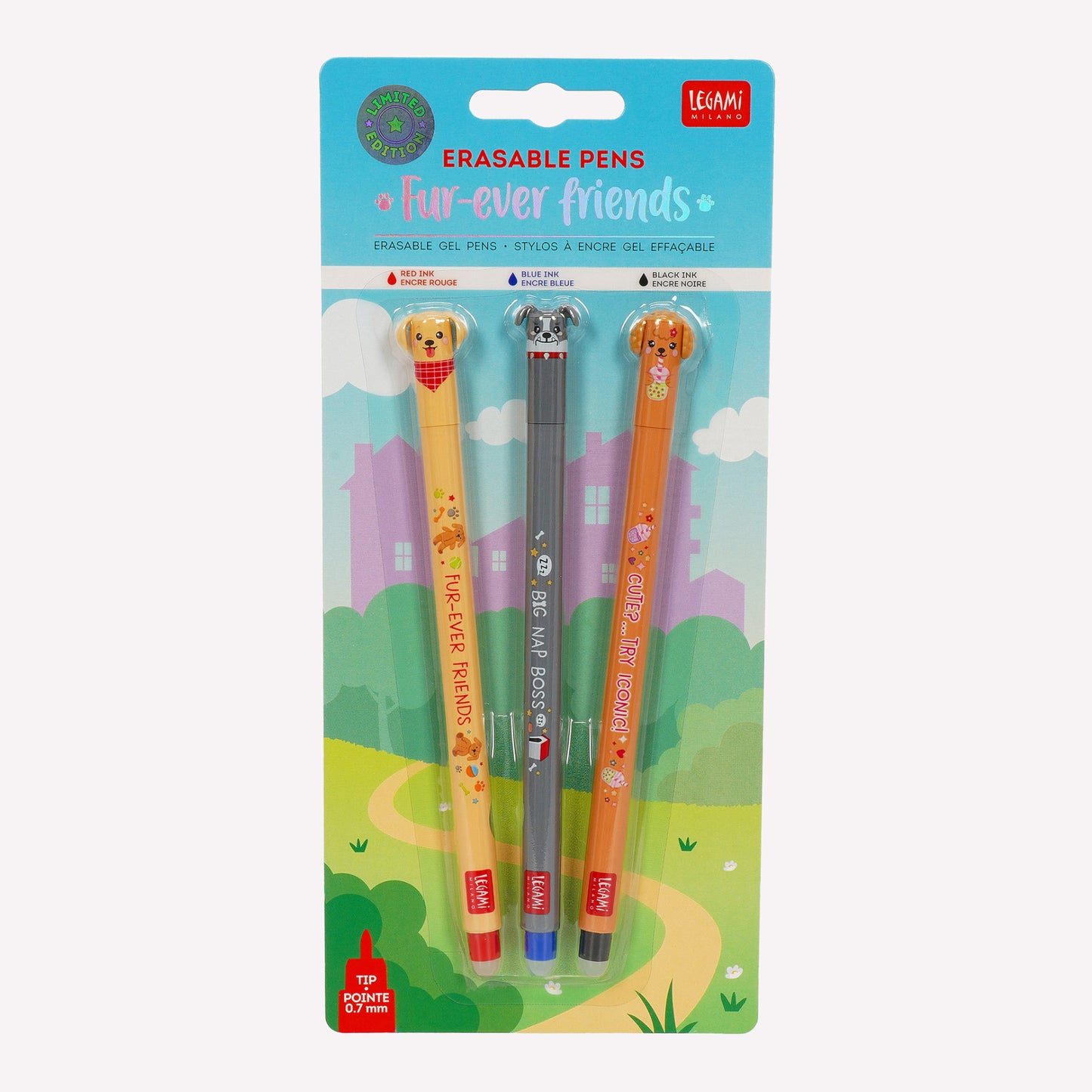 Legami Fur-Ever Friends limited edition erasable gel pen set includes three dog characters with heat sensitive, erasable ink. 