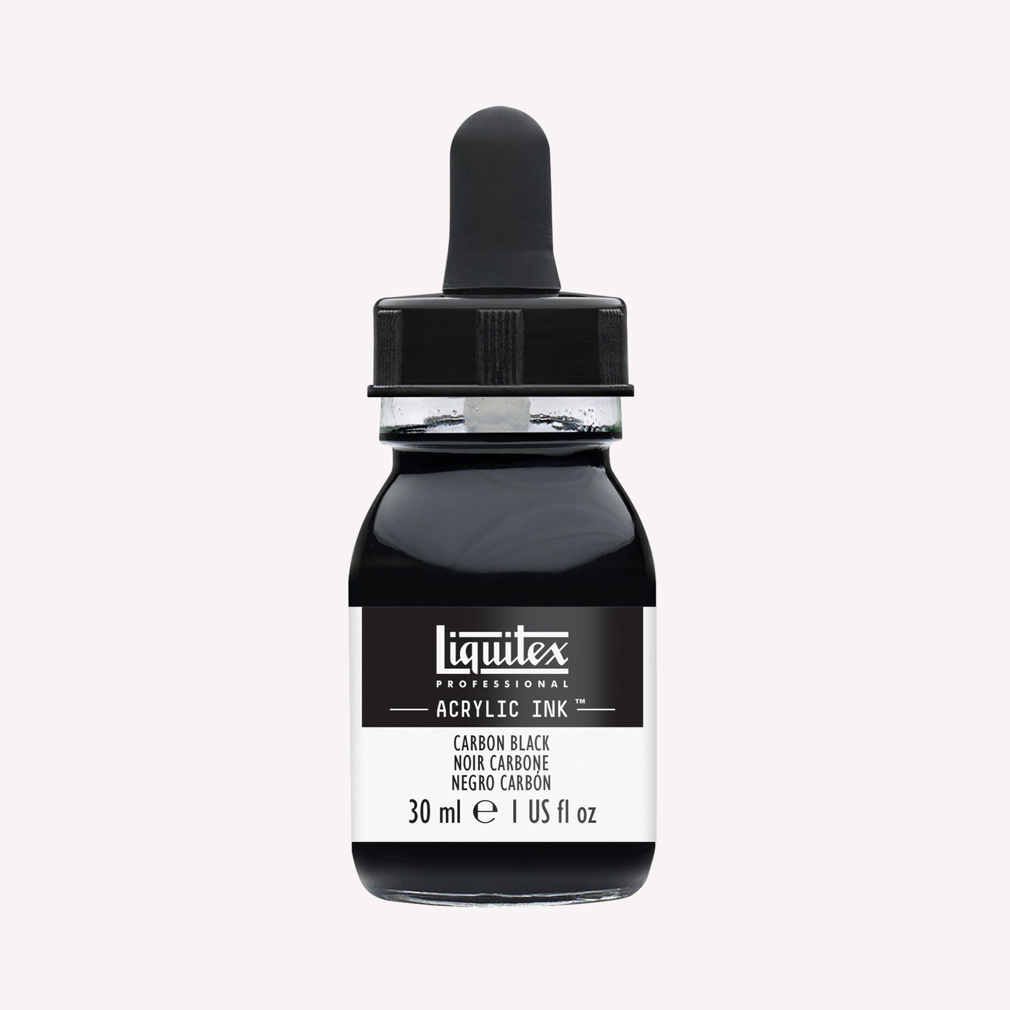 A 30ml glass jar of highly pigmented, artist-quality acrylic ink in the shade Carbon Black with a pipette lid. Made by Liquitex. 